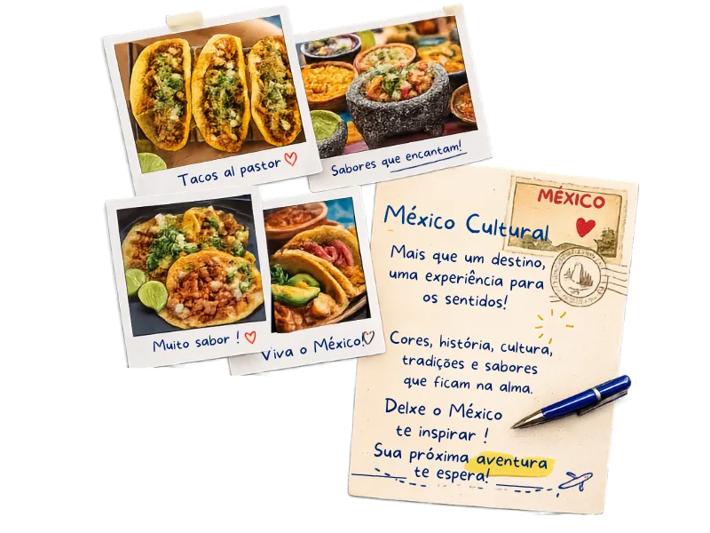 Pratos típicos da gastronomia mexicana e cartão-postal do México
